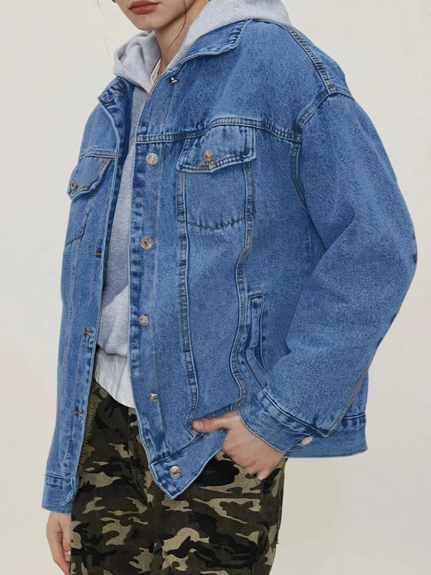 Button Up Collared Neck Long Sleeve Denim Jacket - ShopEasier