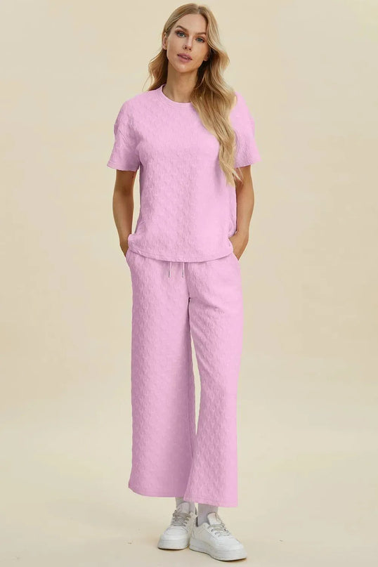 Textured Comfort Two-Piece Top and Pants Set with Pockets