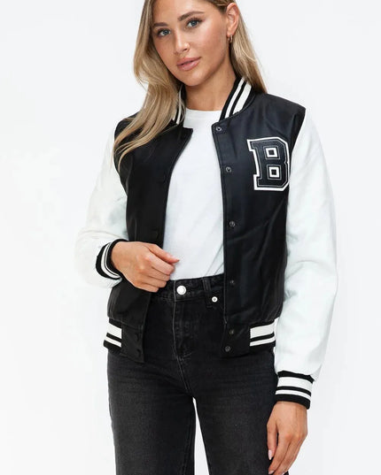 Love Me Now PU Leather Contrast Snap Down Bomber Jacket - ShopEasier