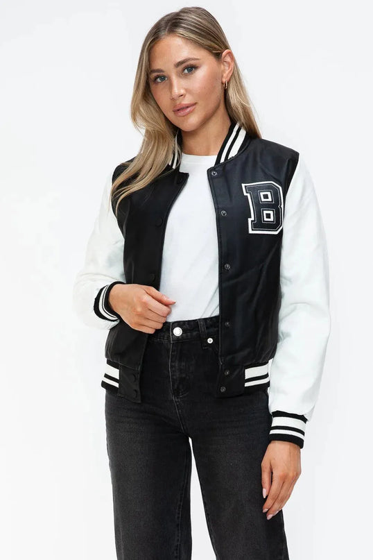 Love Me Now PU Leather Contrast Snap Down Bomber Jacket - ShopEasier