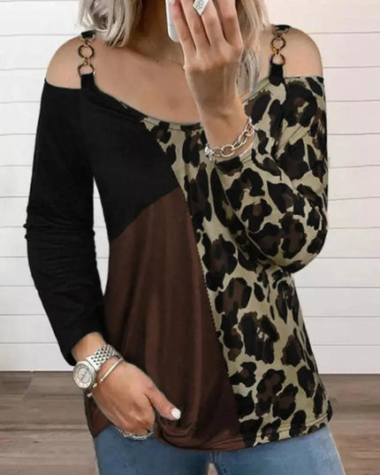 Camiseta de manga larga con hombros descubiertos y estampado de leopardo en talla completa