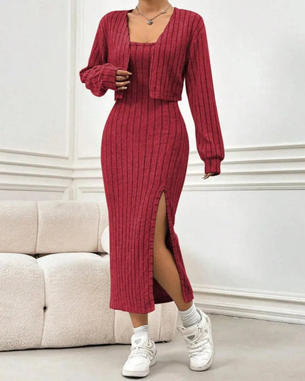 Ribbed Long Sleeve Cropped Cardigan and Slit Cami Dress Set