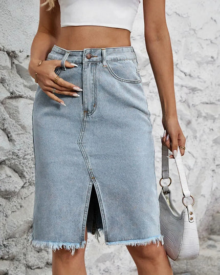 Raw Hem Slit Denim Skirt - ShopEasier