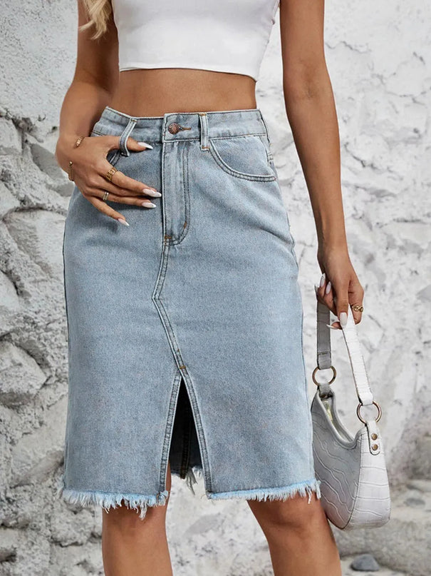 Raw Hem Slit Denim Skirt - ShopEasier