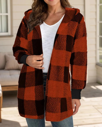 Plaid Long Sleeve Hooded Coat - ShopEasier