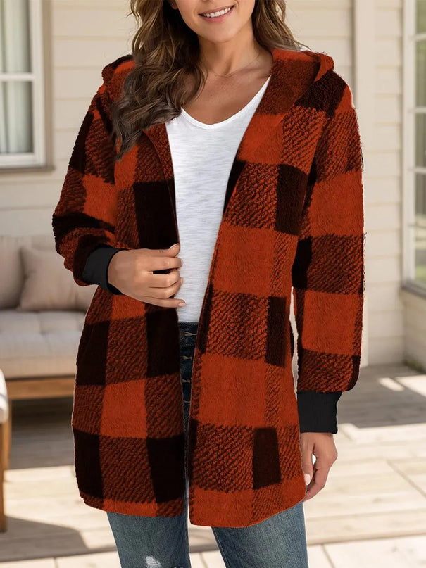 Plaid Long Sleeve Hooded Coat - ShopEasier