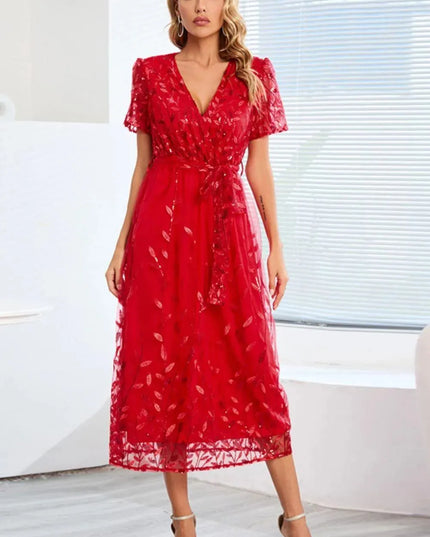 Sequin Leaf Embroidery Tie Front Short Sleeve Dress