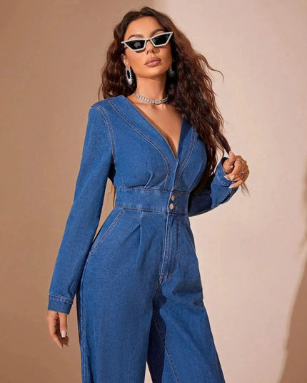 Plunge Long Sleeve Wide Leg Denim Jumpsuit - ShopEasier