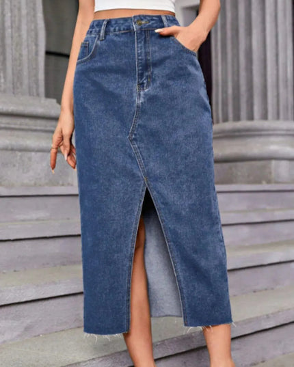 Slit Midi Denim Skirt with Pockets - ShopEasier