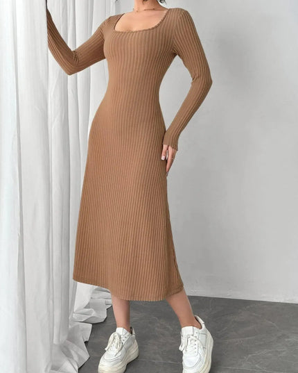 Square Neck Long Sleeve Midi Wrap Dress - ShopEasier