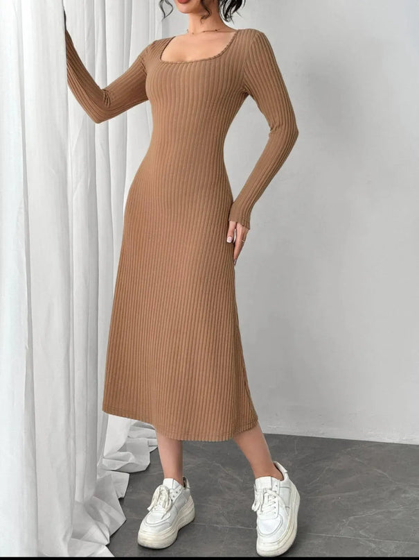 Square Neck Long Sleeve Midi Wrap Dress - ShopEasier