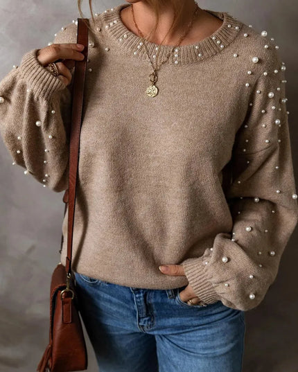 Elegant Pearl-Embellished Long Sleeve Knit Sweater