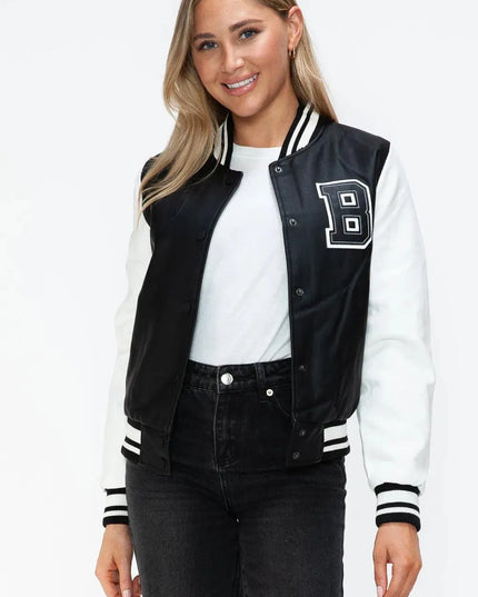 Love Me Now PU Leather Contrast Snap Down Bomber Jacket - ShopEasier