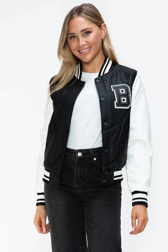 Love Me Now PU Leather Contrast Snap Down Bomber Jacket - ShopEasier