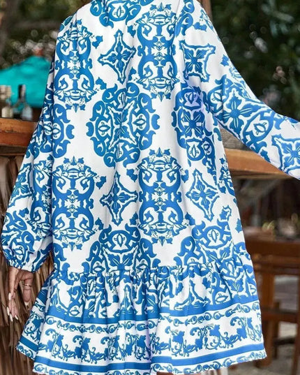 Ruffled Printed Notched Long Sleeve Dress