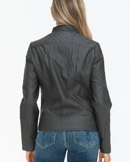 Snobbish Faux Leather Zip Up Mock Neck Jacket - ShopEasier