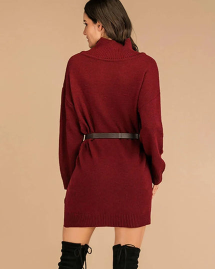 Perfee Slit Turtleneck Long Sleeve Mini Sweater Dress