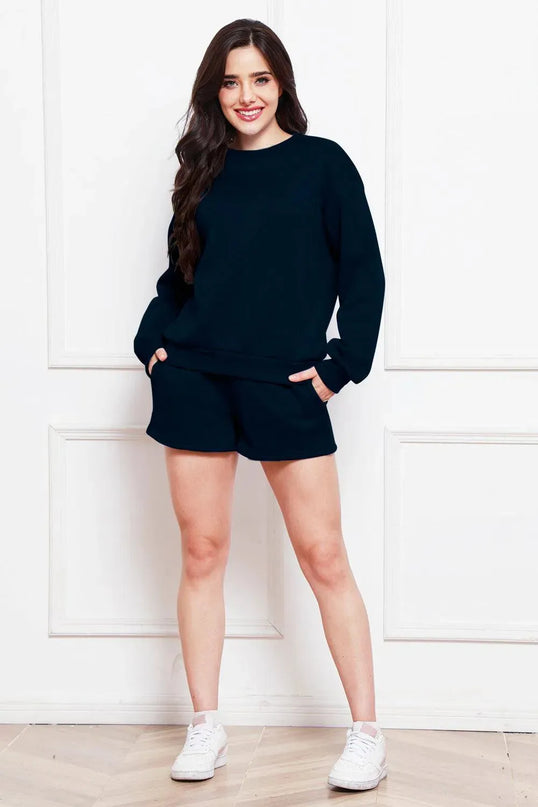 Two-Piece Drawstring Shorts and Long Sleeve Sweatshirt Set