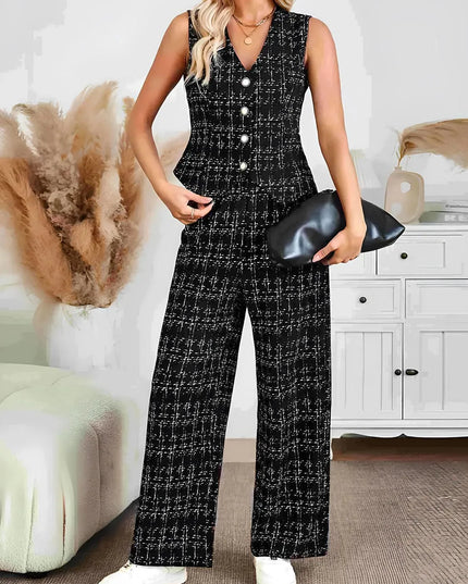 Plaid V-Neck Button-Up Vest and Trousers Ensemble