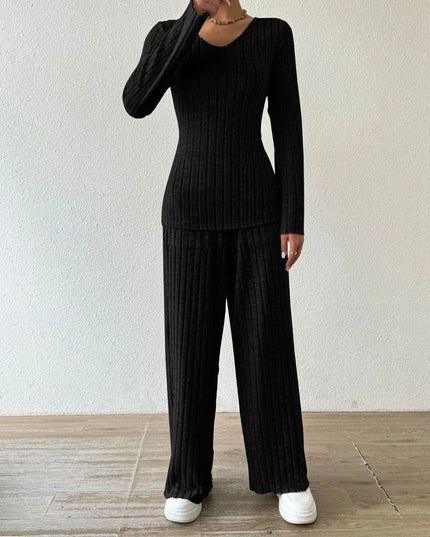 V-Neck Ribbed Long Sleeve Top with Pocketed Trousers Set