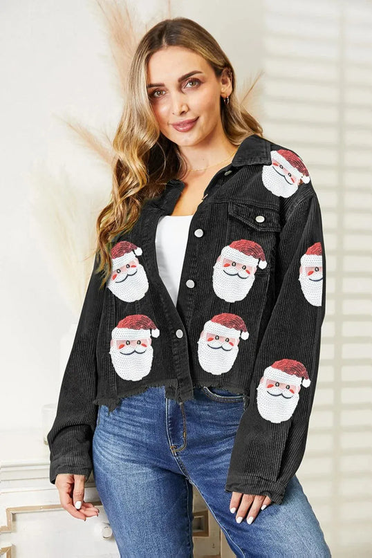 Chaqueta de Papá Noel con dobladillo sin rematar y adornos de lentejuelas