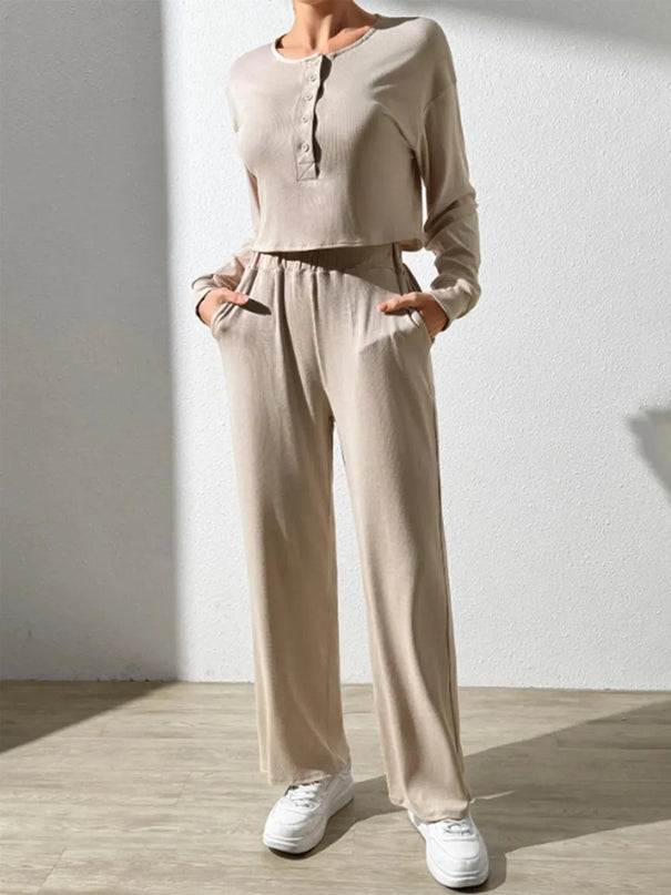 Chic Button-Up Long Sleeve Top and Pants Ensemble