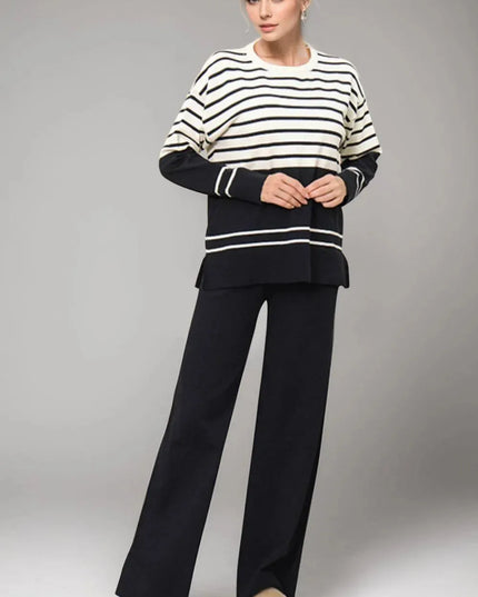 Basic Bae Striped Round Neck Long Sleeve Top and Pants Sweater Set