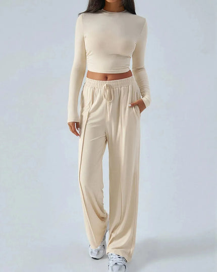 Chic Tied Long Sleeve Top and Pants Set with Pockets