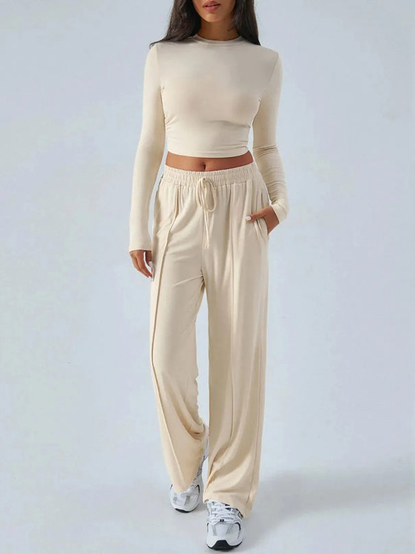 Chic Tied Long Sleeve Top and Pants Set with Pockets