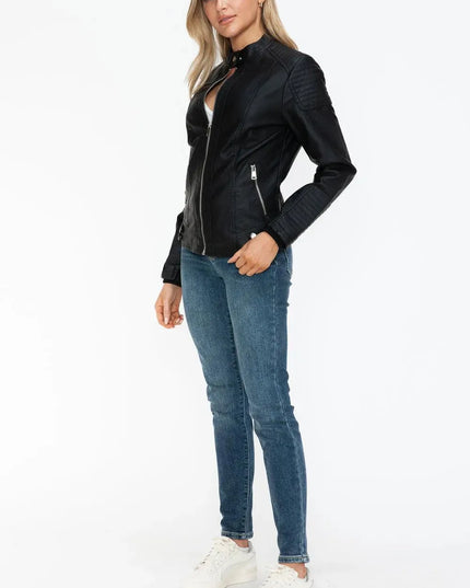 Snobbish Faux Leather Biker Jacket with Side Zip Pockets - ShopEasier