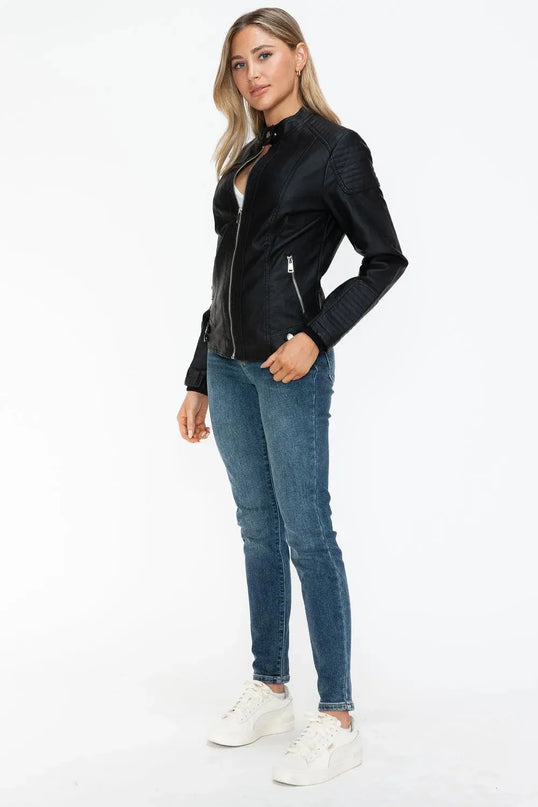 Snobbish Faux Leather Biker Jacket with Side Zip Pockets - ShopEasier