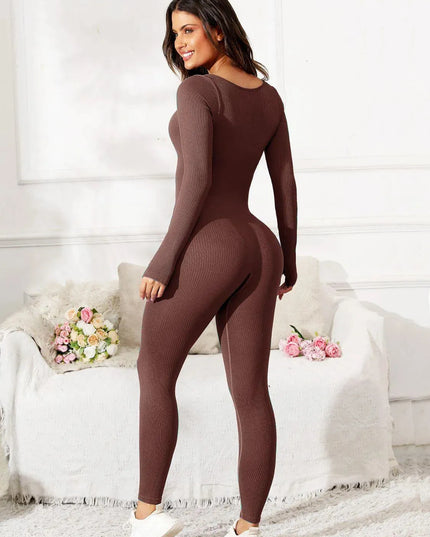 Scoop Neck Long Sleeve Active Jumpsuit - ShopEasier