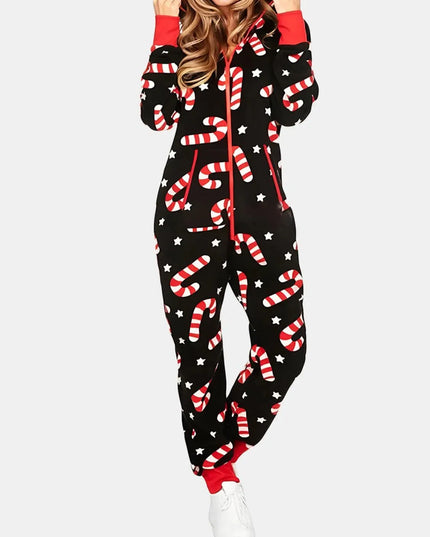 Printed Zip Up Long Sleeve Hooded Jumpsuit - ShopEasier