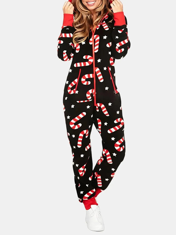 Printed Zip Up Long Sleeve Hooded Jumpsuit - ShopEasier