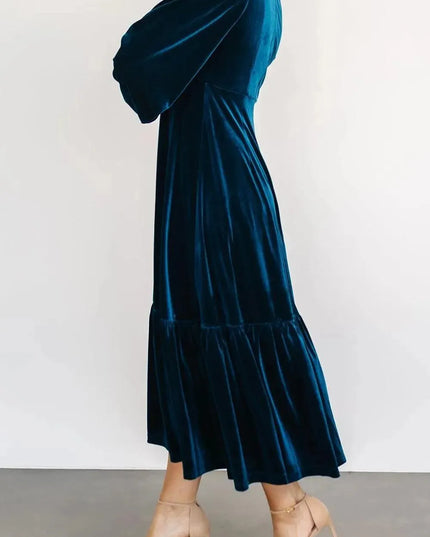 V-Neck Long Sleeve Midi Velvet Dress