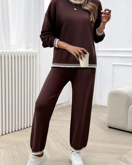 Chic Dropped Shoulder Sweater Set with Round Neck Top and Pants