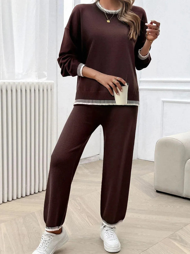 Chic Dropped Shoulder Sweater Set with Round Neck Top and Pants