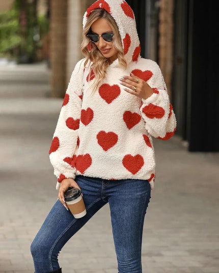 Fuzzy Heart Pocketed Dropped Shoulder Hoodie - ShopEasier