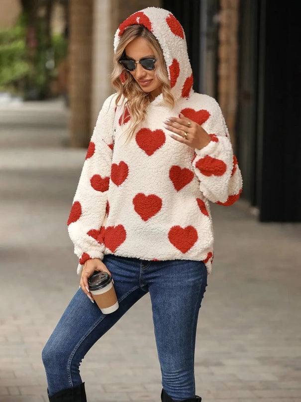 Fuzzy Heart Pocketed Dropped Shoulder Hoodie - ShopEasier