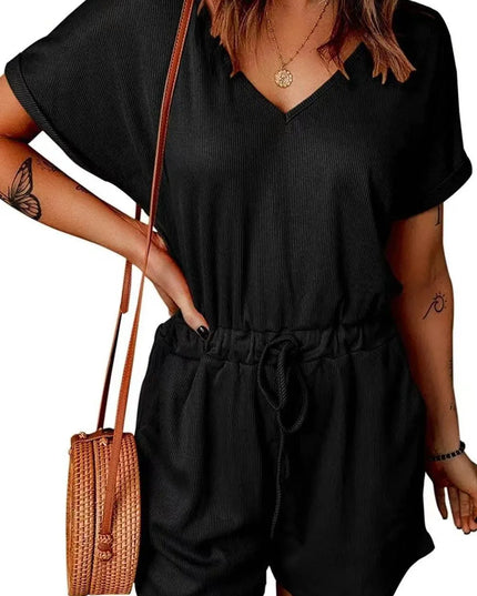 Full Size Drawstring V-Neck Short Sleeve Romper - ShopEasier