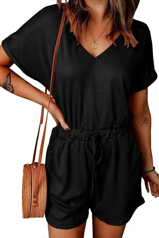 Full Size Drawstring V-Neck Short Sleeve Romper - ShopEasier