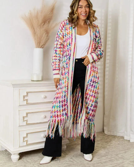 Angel Wings Full Size Multicolored Open Front Fringe Hem Cardigan - ShopEasier