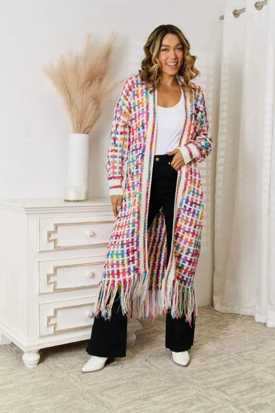 Angel Wings Full Size Multicolored Open Front Fringe Hem Cardigan - ShopEasier