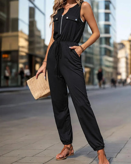 Perfee Half Zip Sleeveless Jumpsuit with Pockets - ShopEasier