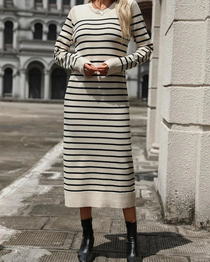 Striped Round Neck Long Sleeve Dress - ShopEasier