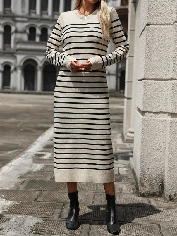 Striped Round Neck Long Sleeve Dress - ShopEasier