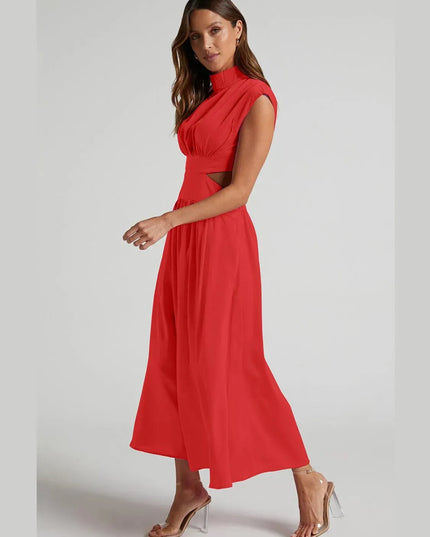 Cutout Mock Neck Sleeveless Ruched Dress