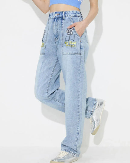 Flower High Rise Straight Leg Jeans with Pockets - ShopEasier