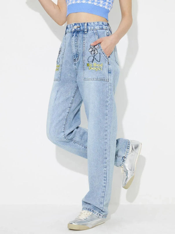 Flower High Rise Straight Leg Jeans with Pockets - ShopEasier