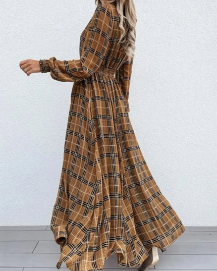 Slit Plaid Tie Neck Long Sleeve Maxi Dress - ShopEasier